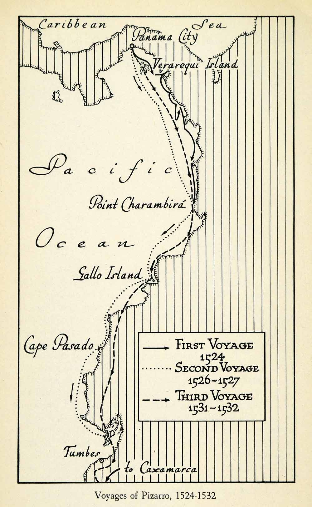 1943 Print Map Conquistador Francisco Pizarro Panama Voyage Explorer XGW1