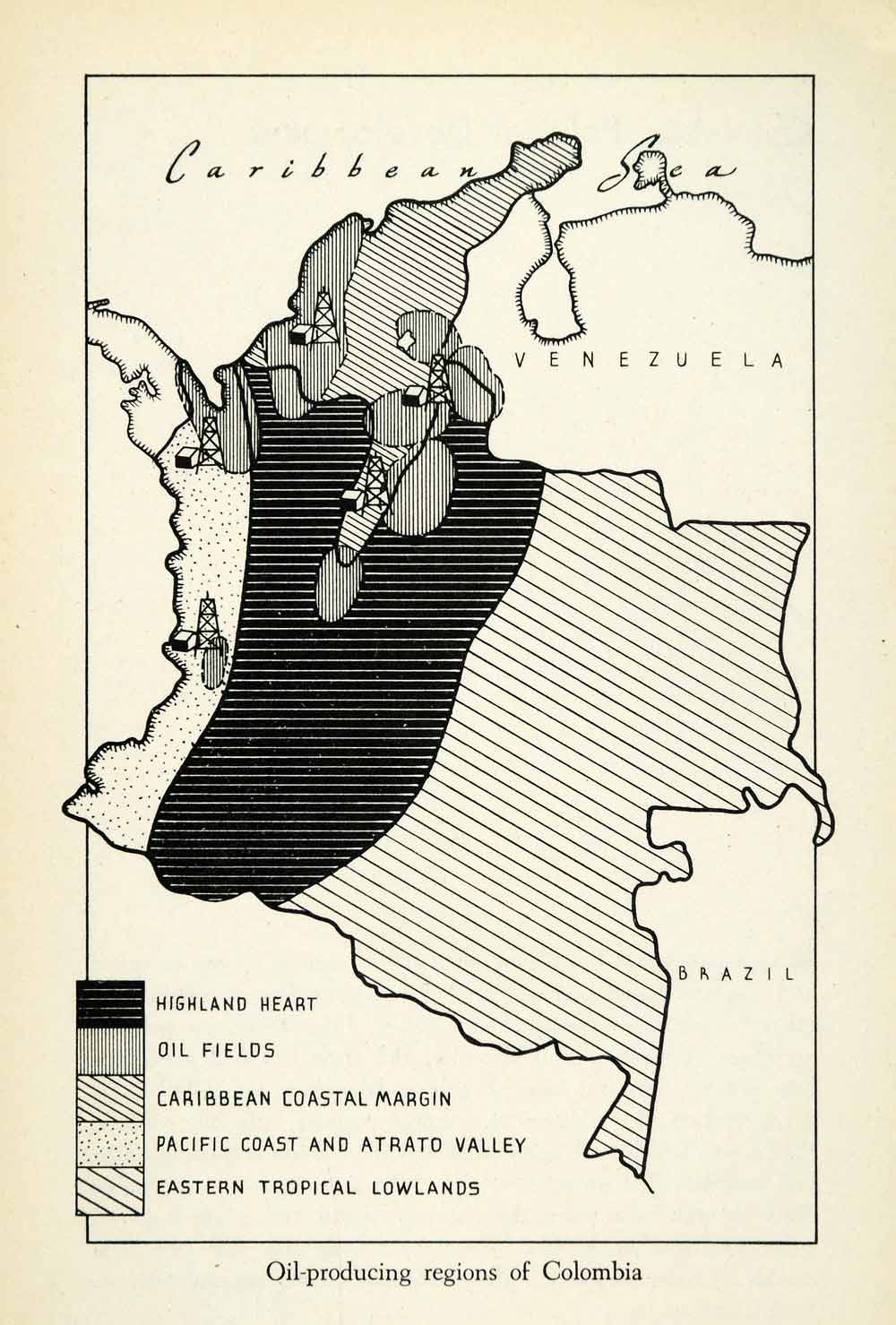 1943 Print Oil Production Colombia South America Map Refinery Gas Venezuela XGW1