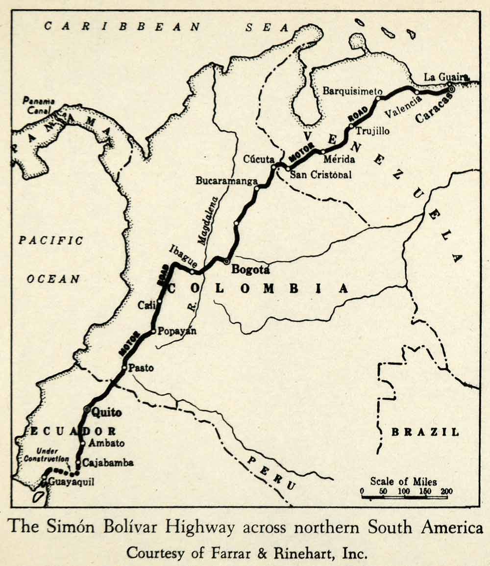 1943 Print Simon Bolivar Highway Map South America Venezuela Colombia XGW1