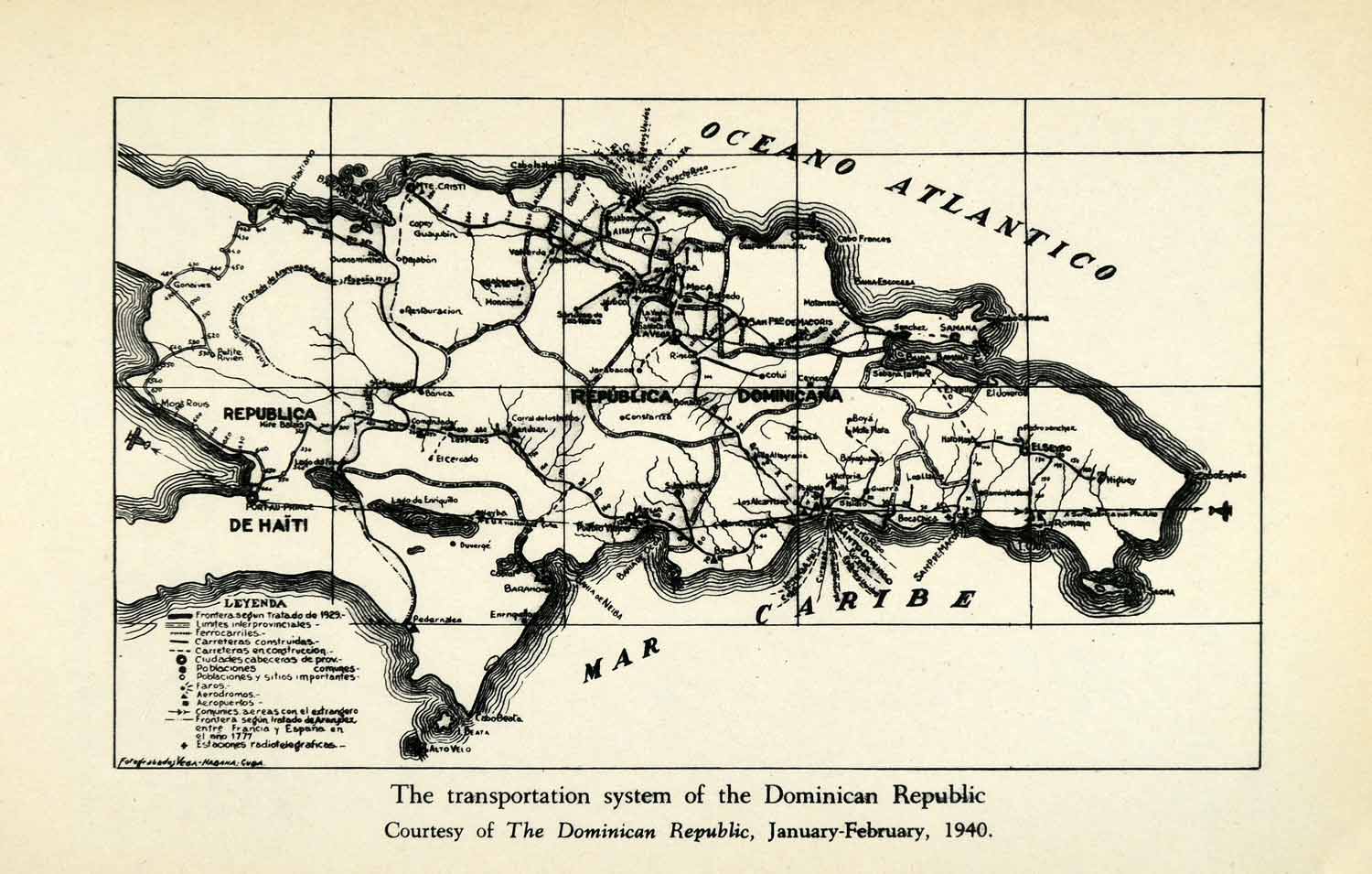 1943 Print Dominican Republic Transportation Map Railroad Highway Caribbean XGW1