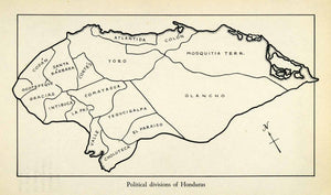 1943 Print Honduras Central America Political Division Territory State Map XGW1