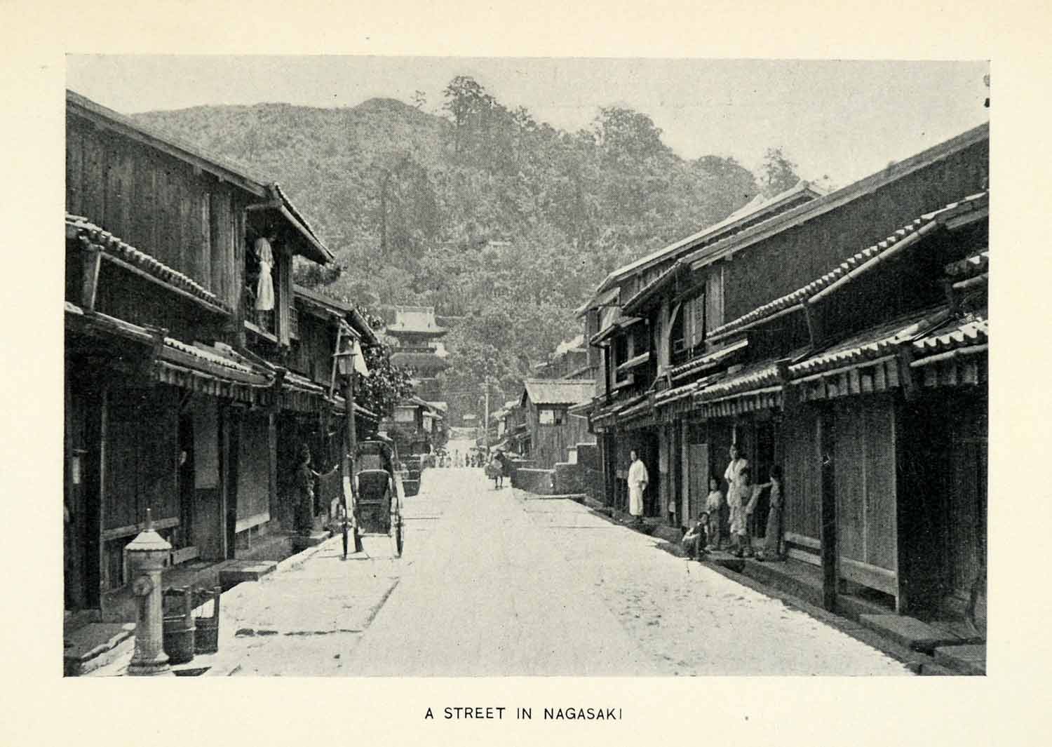 1906 Print Nagasaki Street City Japan Urban Citizens Mountain Architecture XGW3