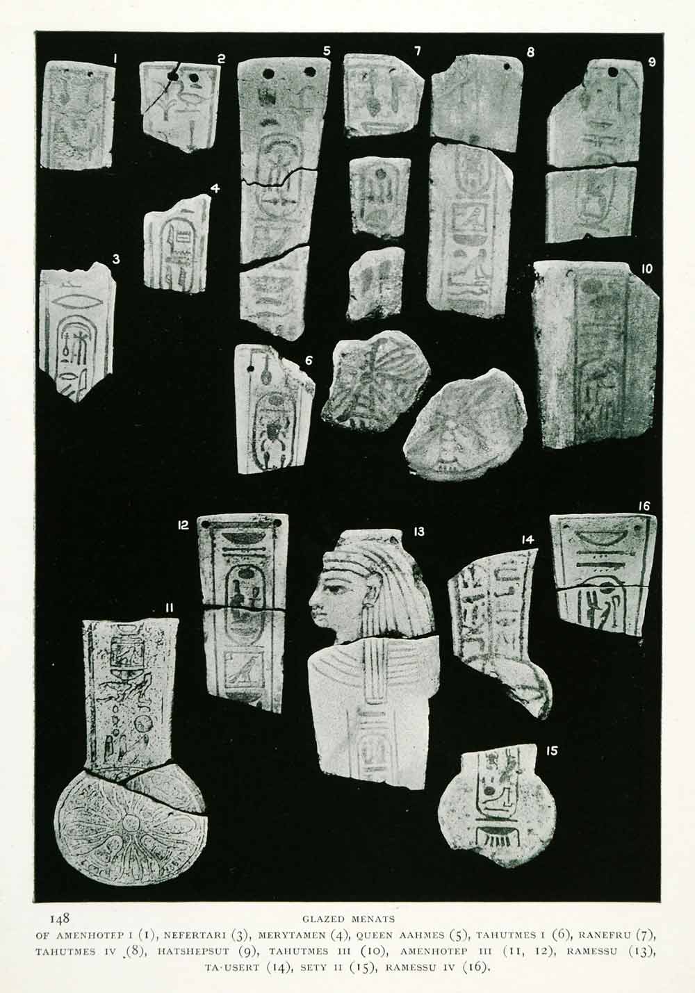 1906 Print Glazed Menats Amenhotep, Nefertari, Merytamen, Queen Aahmes XGW4