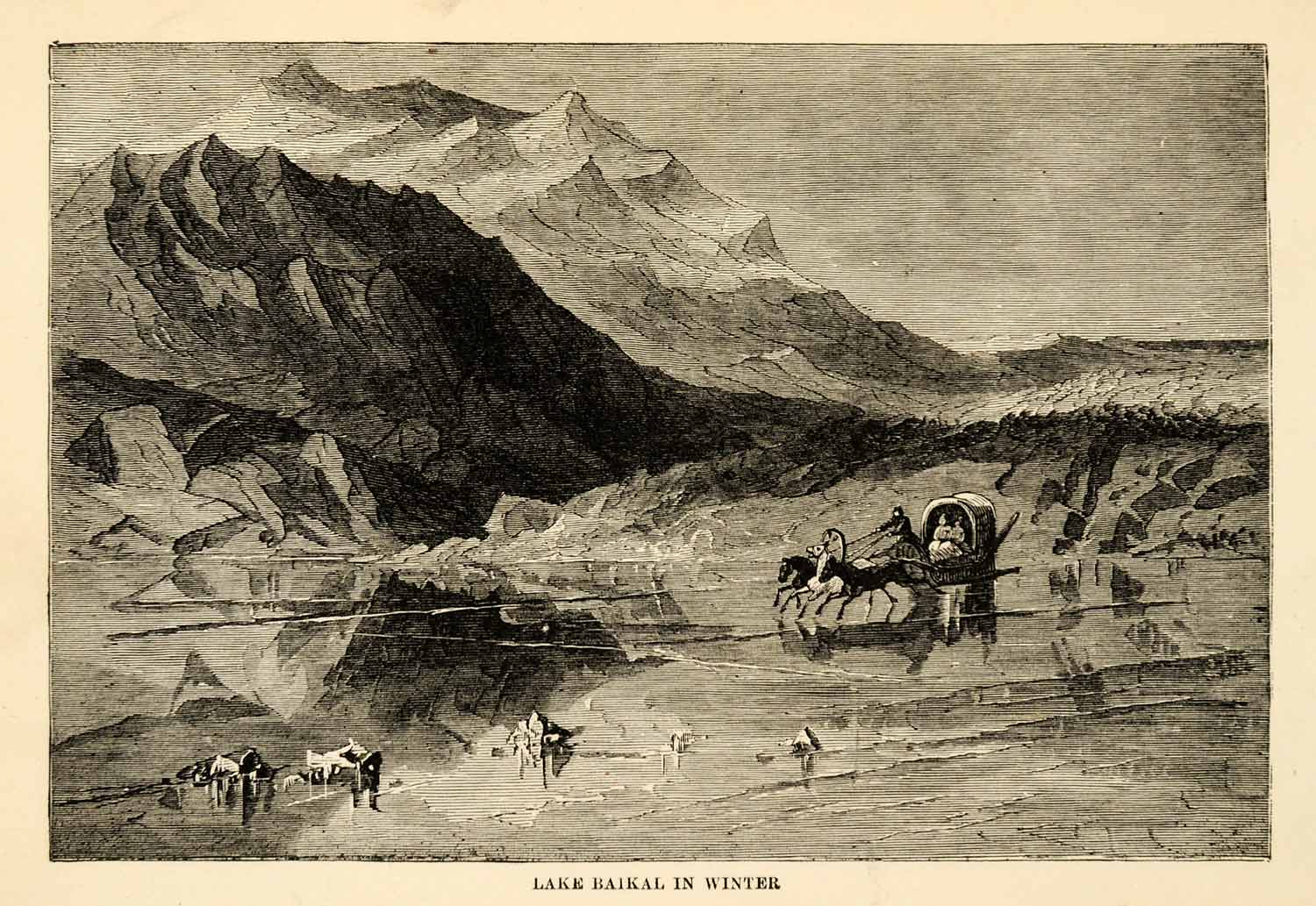 1882 Steel Engraving Lake Baikal Winter Jeannette Expedition Mountain XGW9