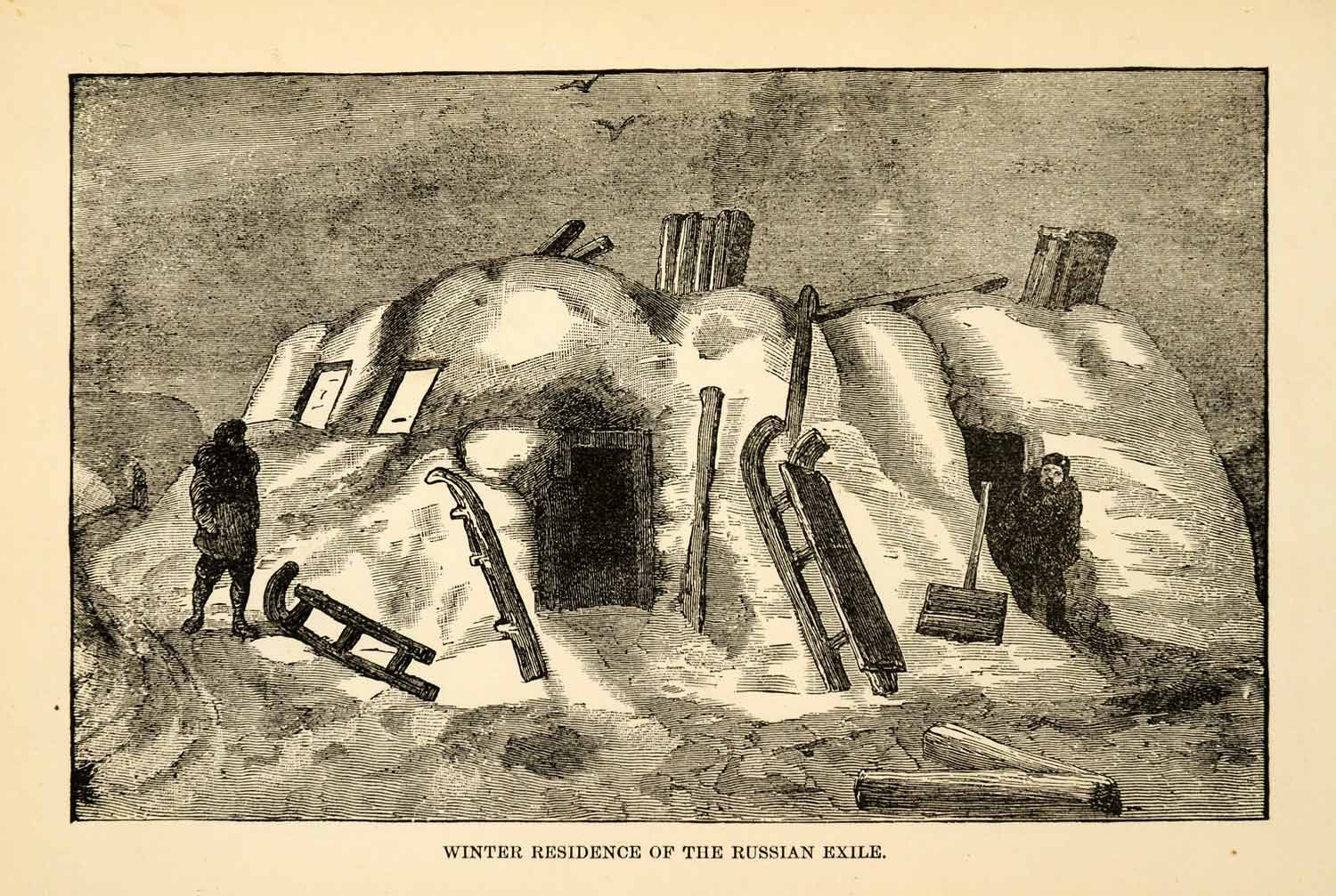1882 Steel Engraving Winter Residence Russia Siberia Arctic Expedition XGW9 - Period Paper
