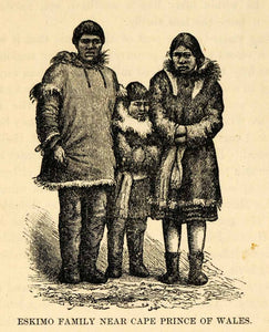 1882 Steel Engraving Eskimo Family Cape Prince Wales North Pole Inuit XGW9