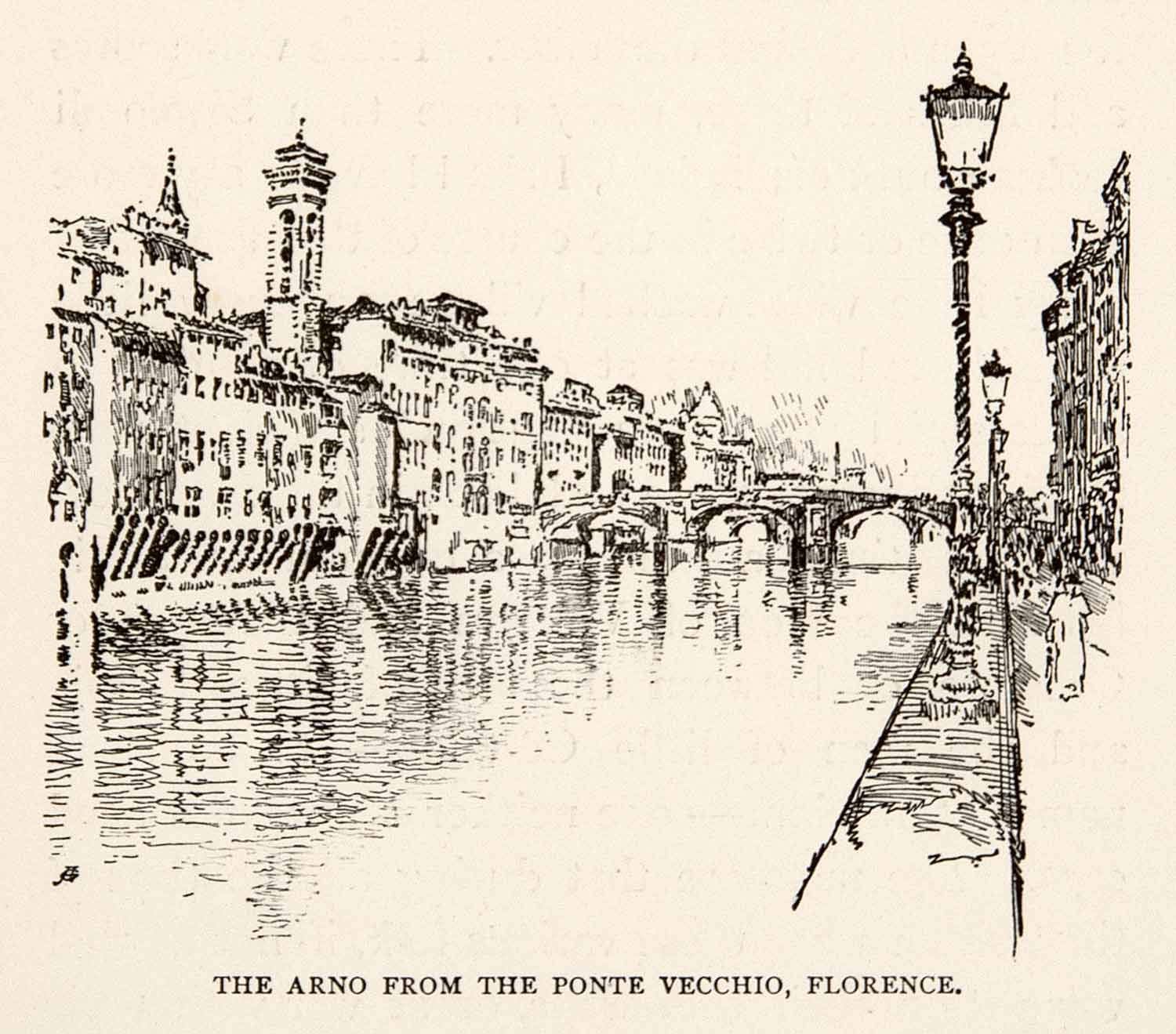 1904 Wood Engraving Florence River Arno Bridge Italy Tuscany Joseph XGWA4