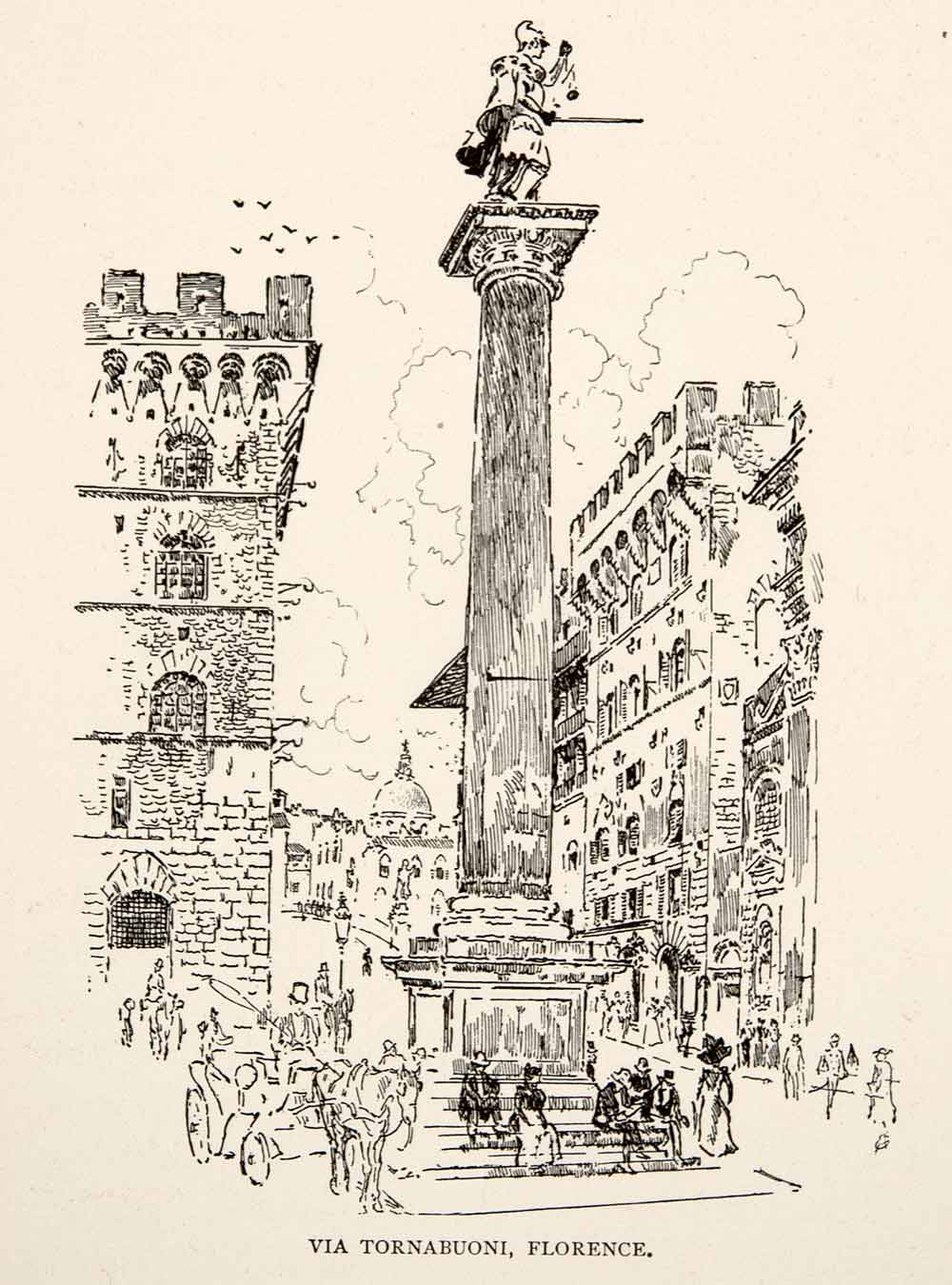 1904 Wood Engraving Florence Piazza Santa Trinita Column Via Tornabuoni XGWA4