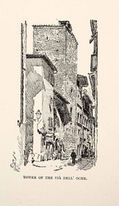 1904 Wood Engraving Florence Via delle Oche Tower Street Italy Joseph XGWA4