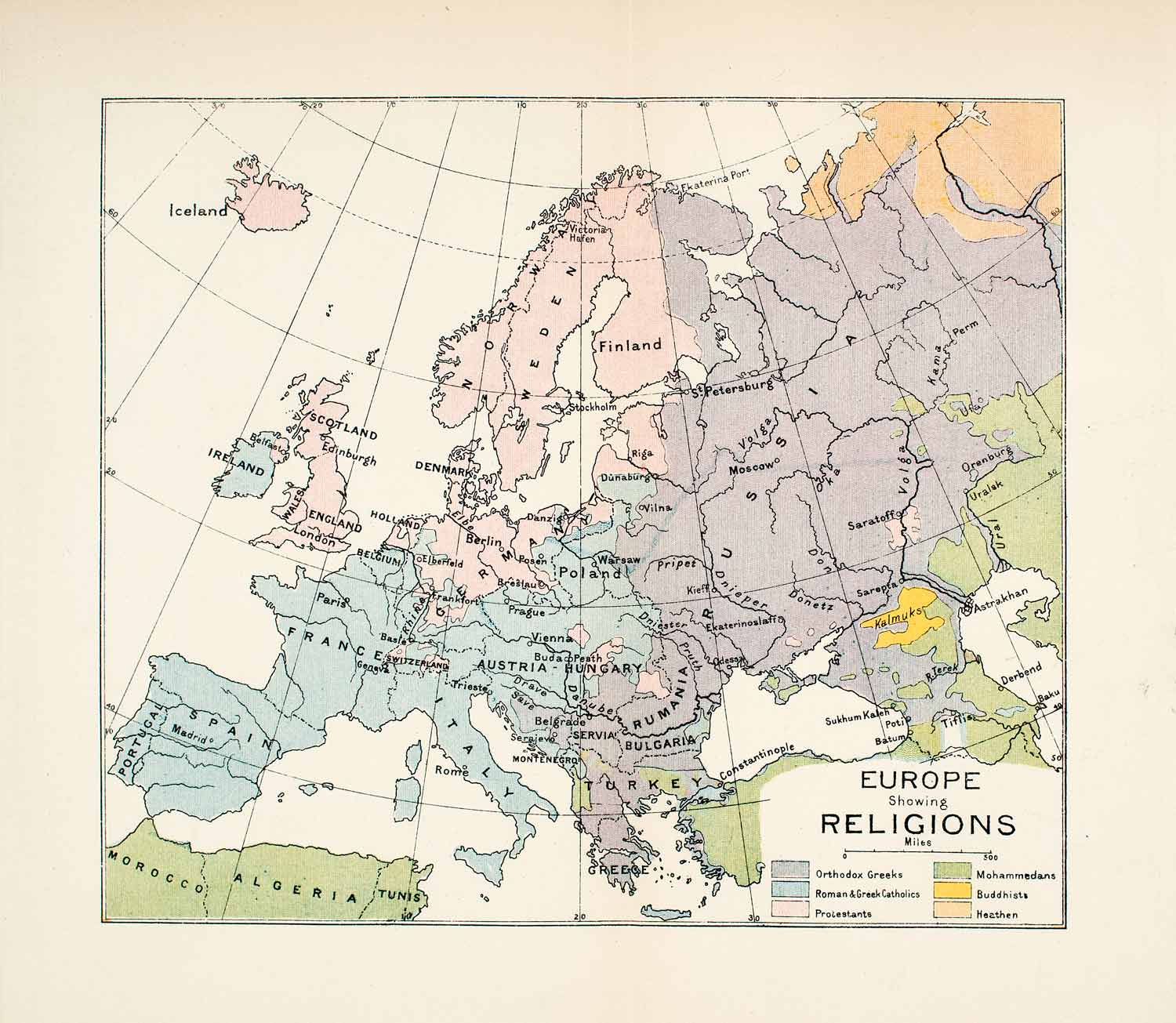 1904 Lithograph Map Europe Religion Spain England France Italy Russia XGWA6