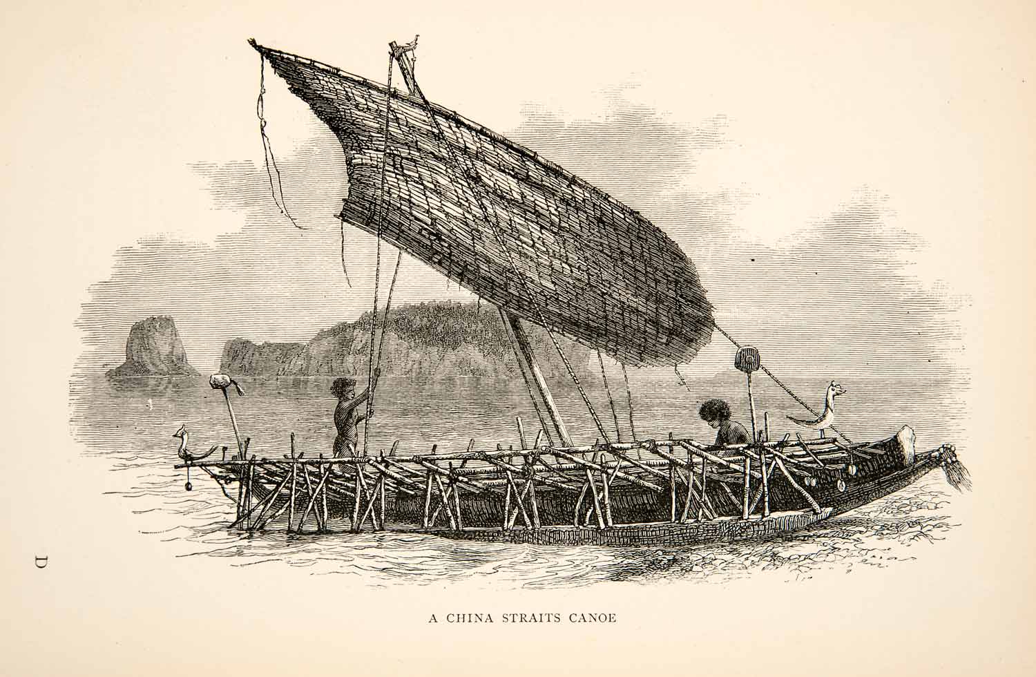 1895 Wood Engraving China Straits Canoe Boat Pacific Ocean Ship Sail New XGWB1