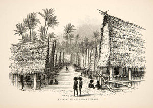 1895 Wood Engraving Aroma Village Tribe Native Town Thatch Roof Nude New XGWB1