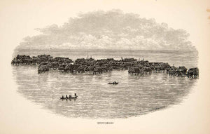 1895 Wood Engraving Water Village Landscape Tupuselei New Guinea Edward XGWB1