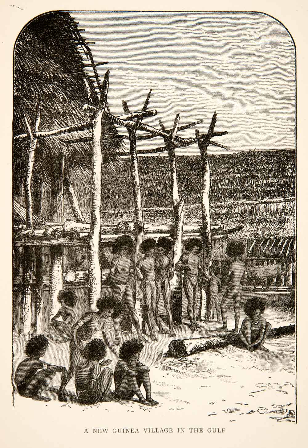 1895 Wood Engraving Village Town Center New Guinea Carpentaria Gulf Nude XGWB1