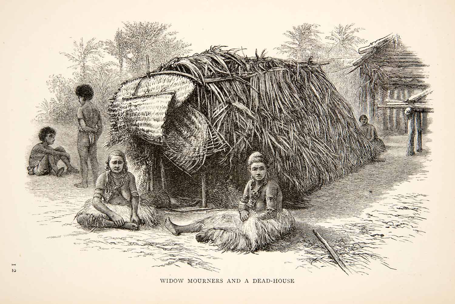 1895 Wood Engraving Native Widow Women Mourn Death House New Guinea XGWB1