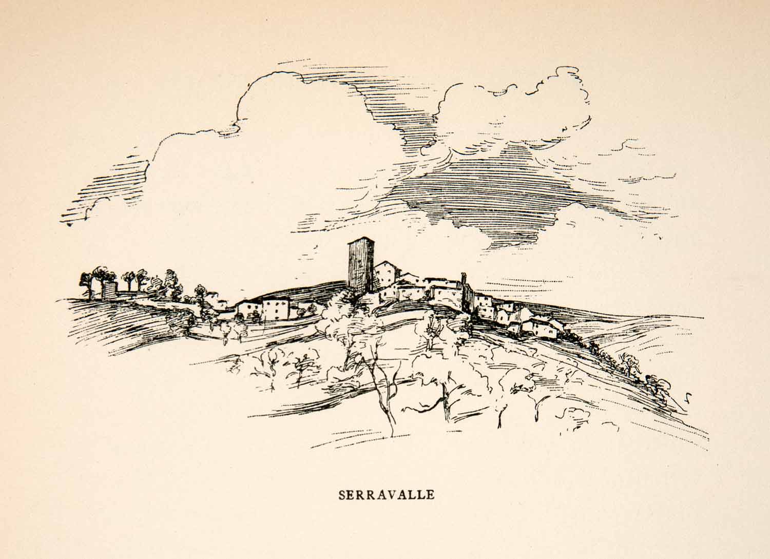 1905 Wood Engraving Serravalle Hill Valley Italy Landscape Cityscape Dora XGWB3