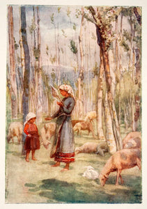 1905 Color Print Girls Shepherd Landscape Castentino Valley Italy Dora XGWB3