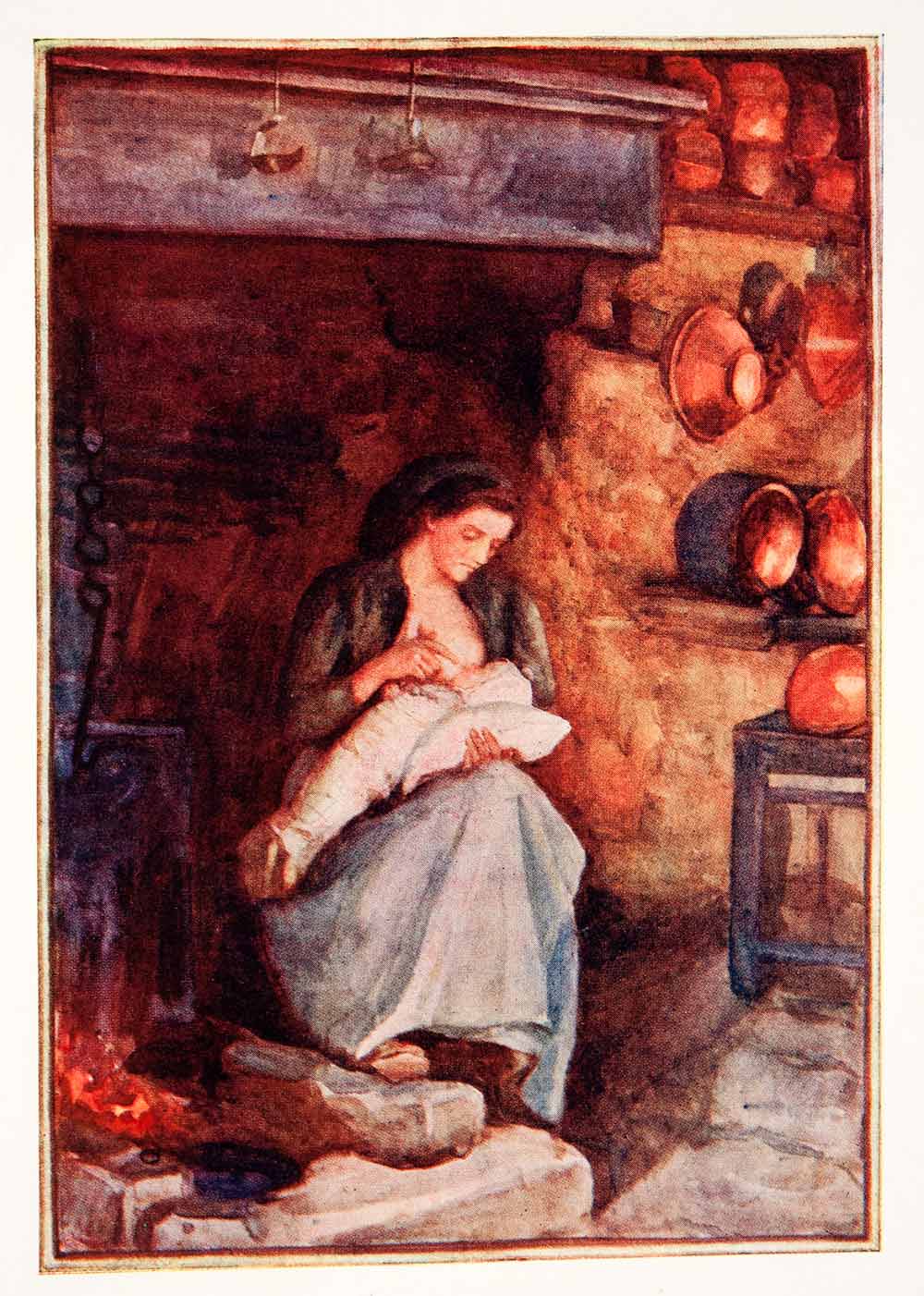1905 Color Print Woman Baby Farmhouse Fireside Casentino Valley Italy Dora XGWB3