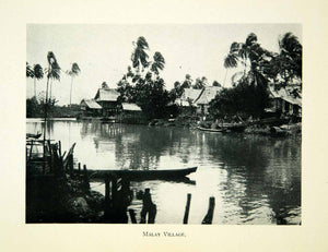 1929 Print Malaysia VIllage River Hut Tribe Canoe Dugout Tropical Jungle XGWC5