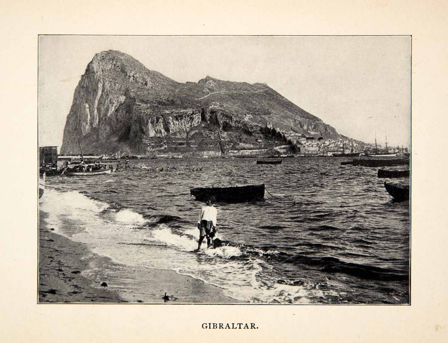 1900 Print Rock Gibraltar England Mediterranean Sea Coast Iberian Boat XGWC7
