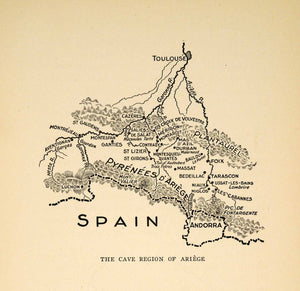 1927 Print Map Spain France Ariege Pyrenees Andorra Toulouse Cave XGX3