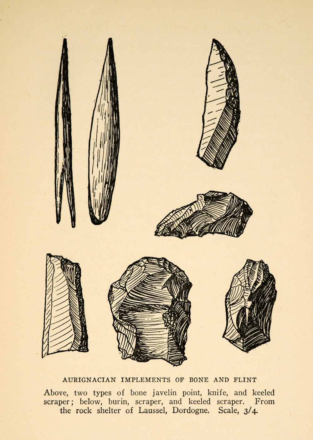 1927 Print Aurignacian Implements Tools Bone Flint Javeline Knife Scraper XGX3