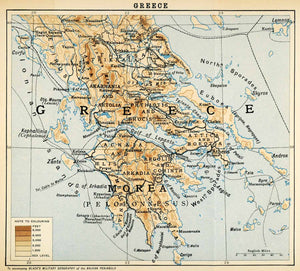 1905 Lithograph Greece Balkan Peninsula Map Morea Thessaly Corfu Euboea XGX4