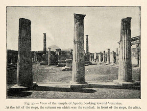 1899 Print Temple Apollo Roman Mt. Vesuvius Pompeii Italy Sundial Altar XGX7