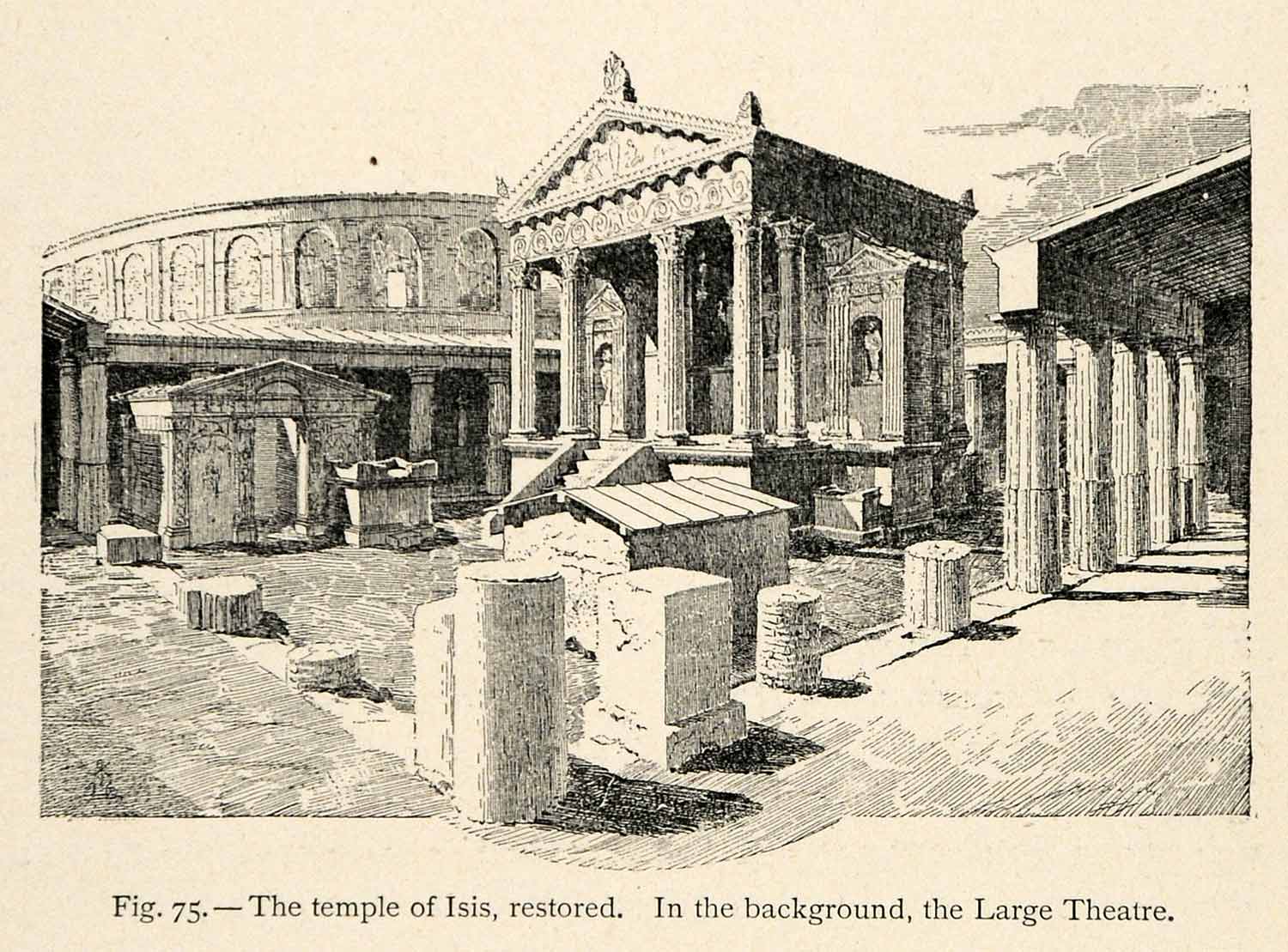 1899 Wood Engraving Temple Roman Pompeii Isis Architecture Theater XGX7