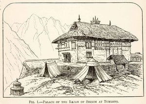 1883 Wood Engraving Palace Rajah Sikkim Tumlong Architecture Tent Tibet XGXA2