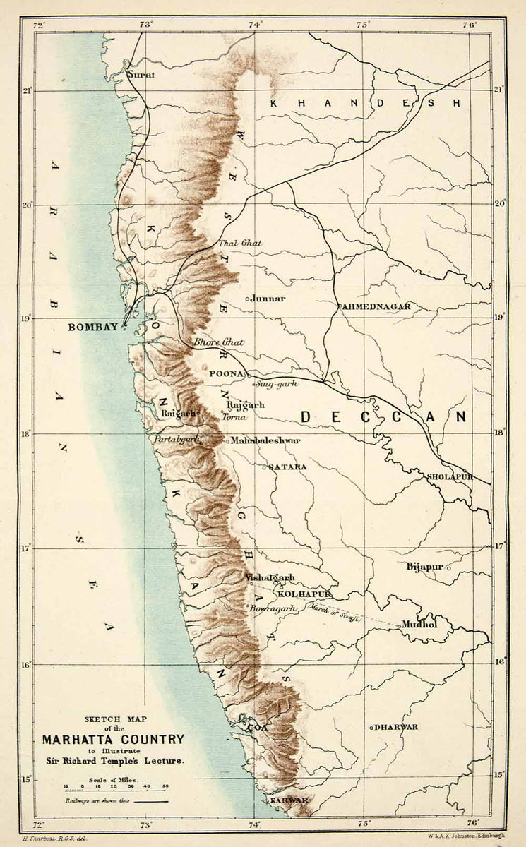 1883 Lithograph Map Marhatta India Arabian Sea Bombay Konkan Deccan XG ...