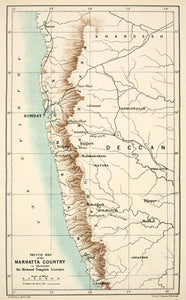 1883 Lithograph Map Marhatta India Arabian Sea Bombay Konkan Deccan XGXA2