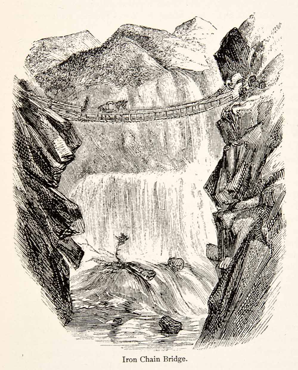 1898 Wood Engraving Chain Link Suspension Bridge Himalayas Tibet Iron XGXA6