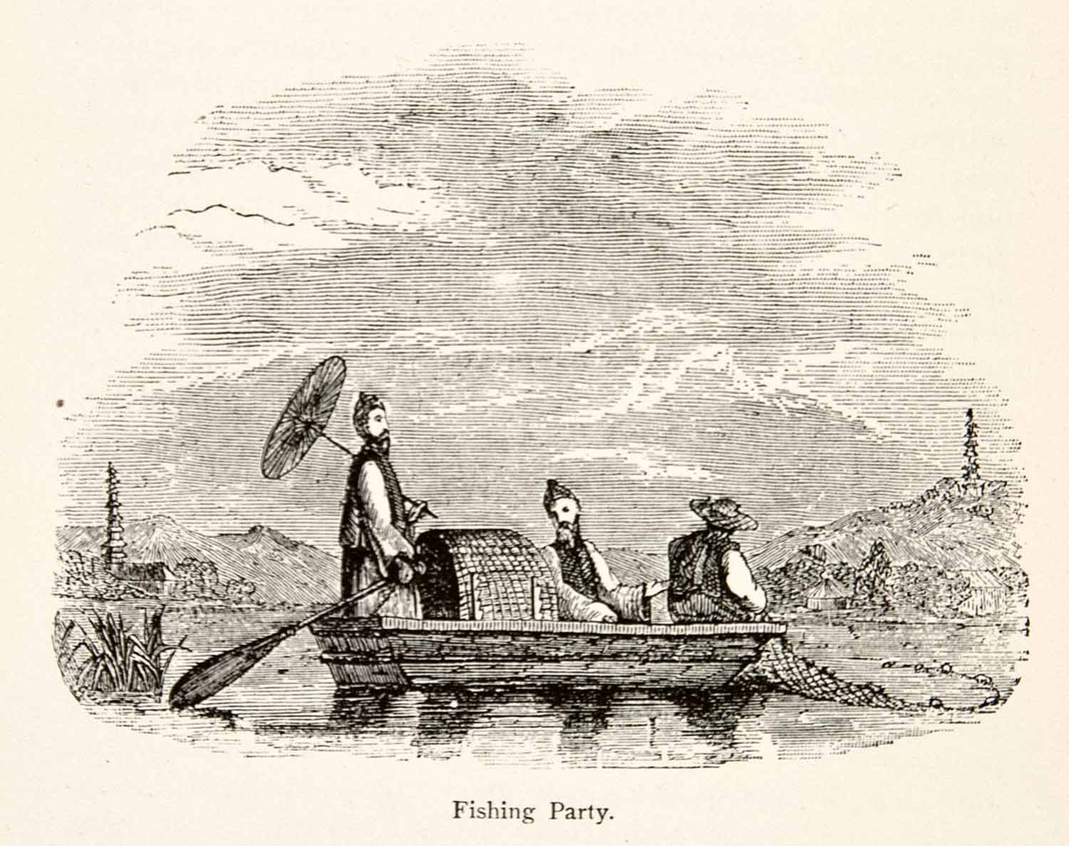1898 Wood Engraving Fishing Party Fishermen Huang He Yellow River China XGXA6
