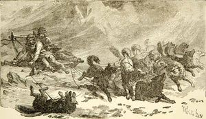 1873 Wood Engraving Sled Dog Team Sled Landscape Mountain Snow North Pole XGXC4