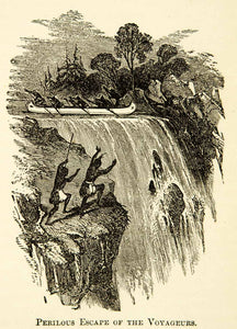 1873 Wood Engraving Escape Voyageurs Waterfall Landscape Canoe Boat XGXC4
