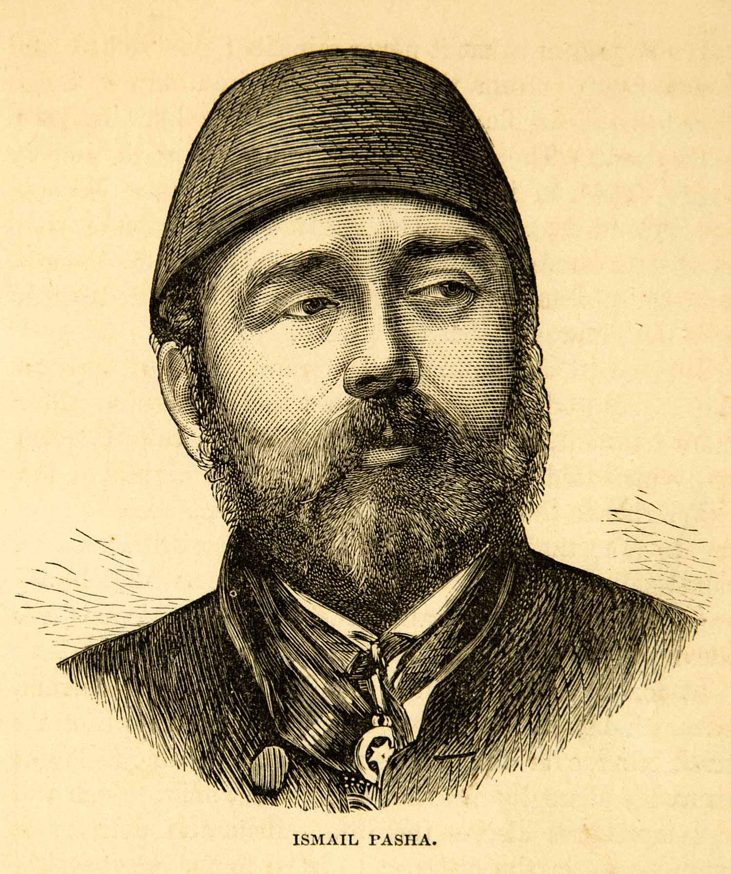 1869 Wood Engraving Ismail Pasha Portrait Fez Egyptian Man Beard Khedive XGXC5