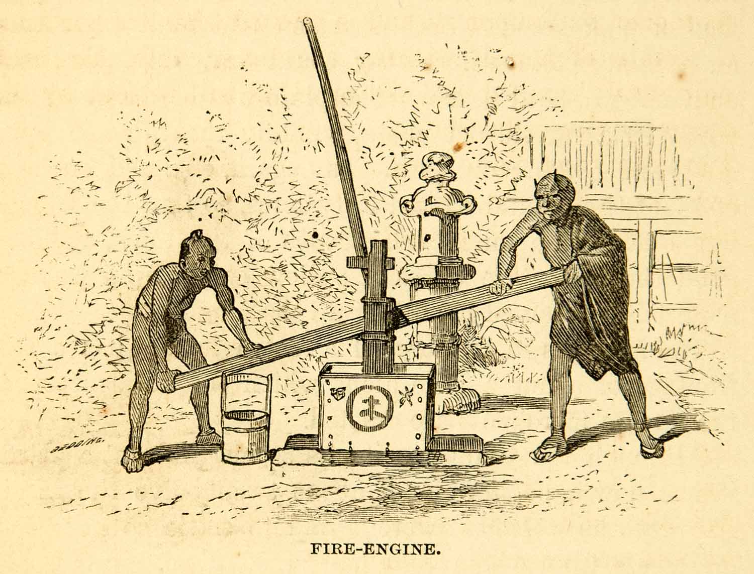 1869 Wood Engraving Fire Engine Water Pump Japanese Traditional Historic XGXC5