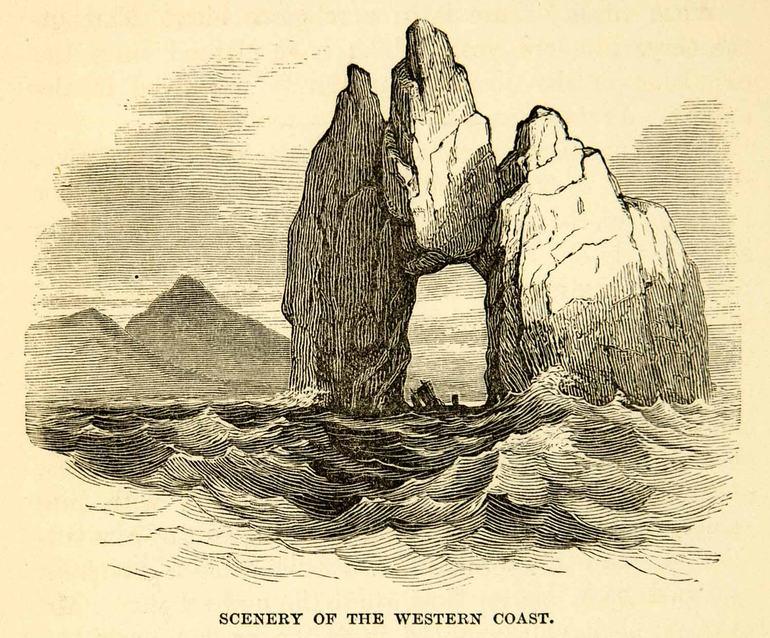 1869 Wood Engraving Western Coast Japanese Ocean Sea Rock Formation XGXC5