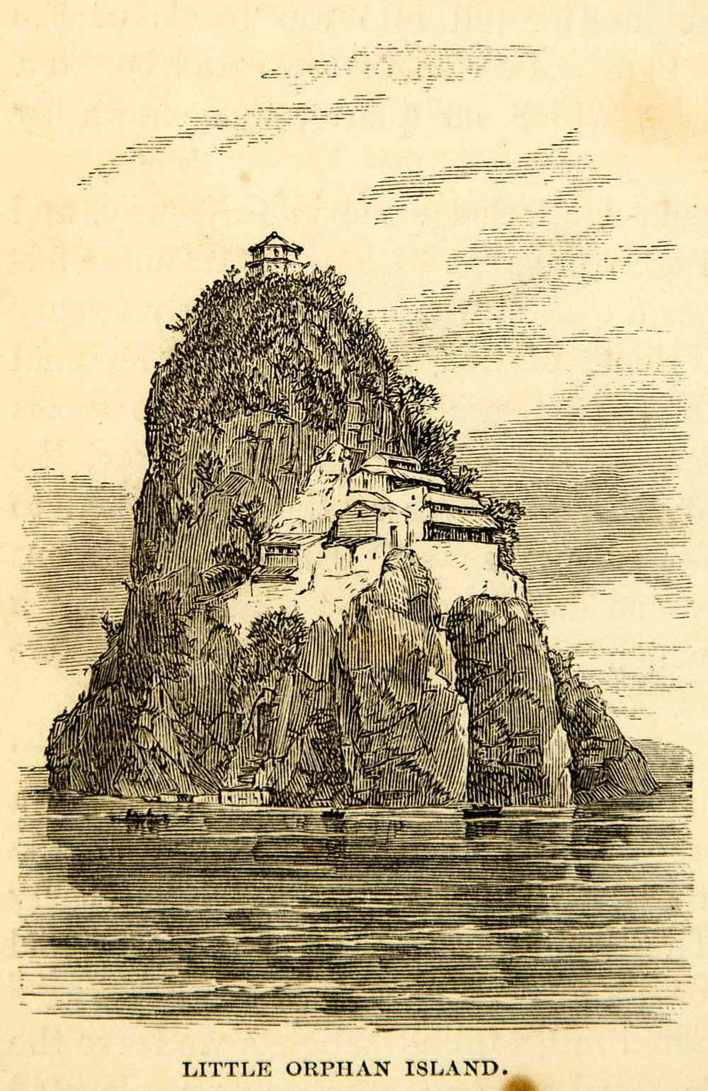 1869 Wood Engraving Little Orphan Island China Cliff Landmark Lake Temple XGXC5