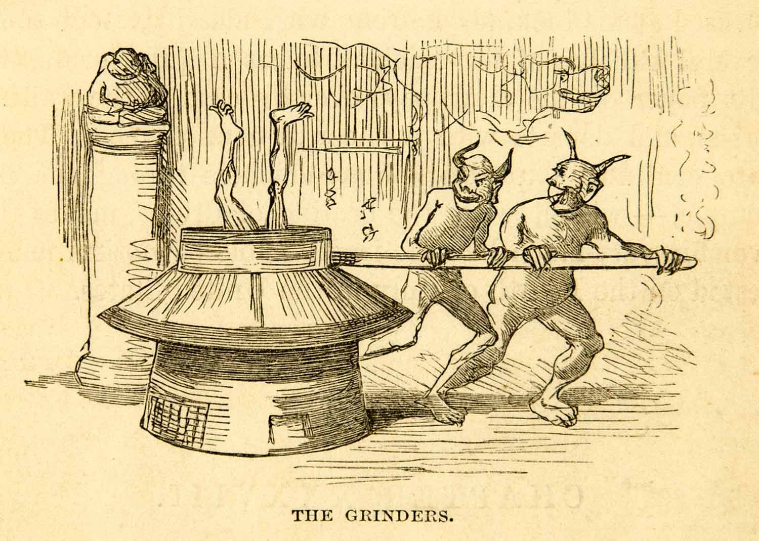 1869 Wood Engraving Temple Buddhist Hell Grinders Demon Devil Grist-Mill XGXC5 - Period Paper
