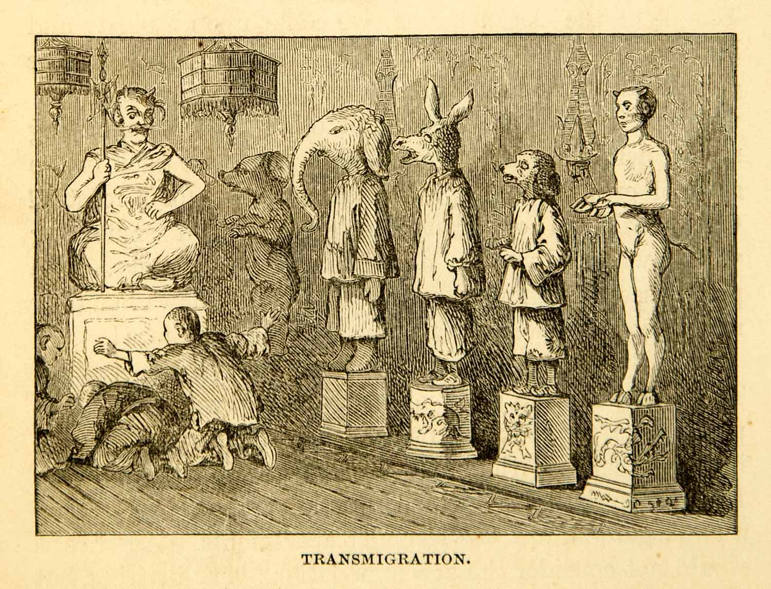 1869 Wood Engraving Transmigration Reincarnation Buddhist Temple Animals XGXC5