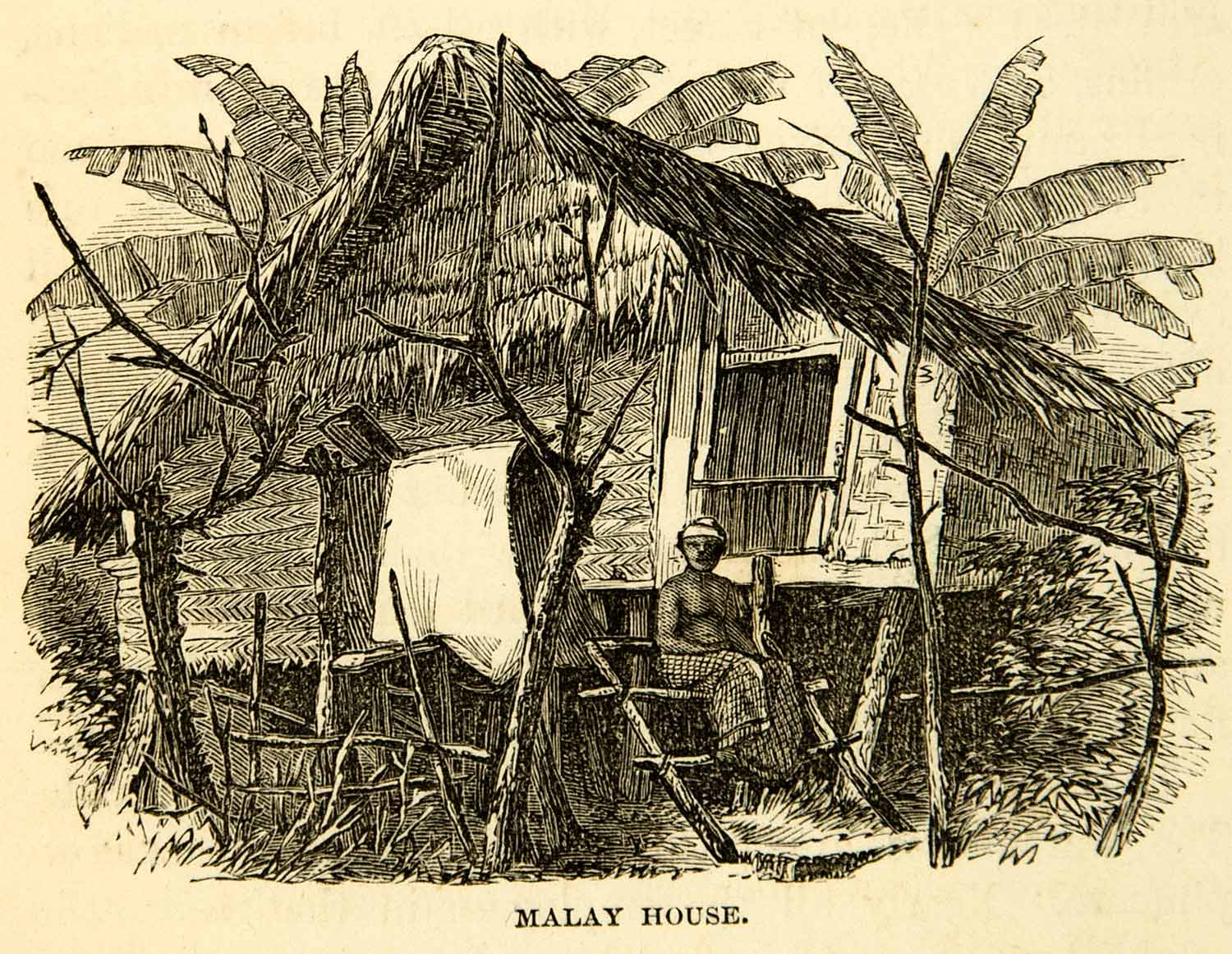 1869 Wood Engraving Malaysia Dwelling Native Ethnic Hut Ladder Tropic XGXC5