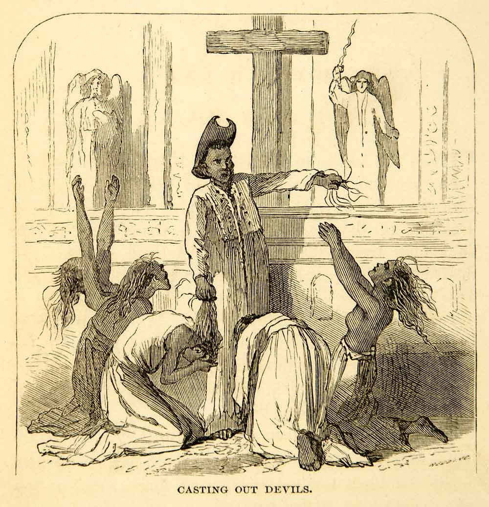 1869 Wood Engraving Exorcism Cross Missionary Topless Convert Penitent XGXC5