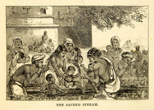1869 Wood Engraving India Ganges Nude Bathing Children Cleansing Tradition XGXC5