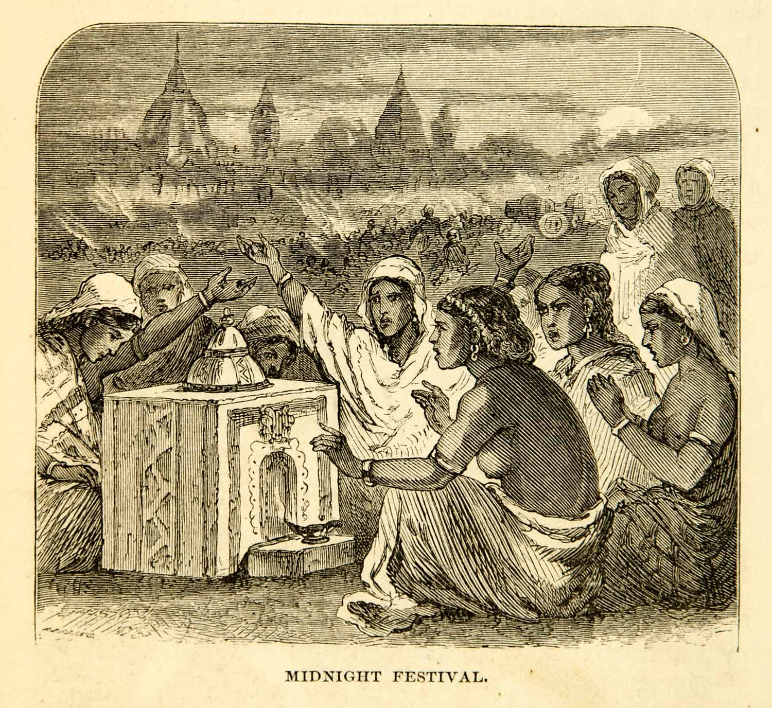 1869 Wood Engraving Indian Midnight Festival Ceremony Huli Tarboot Native XGXC5