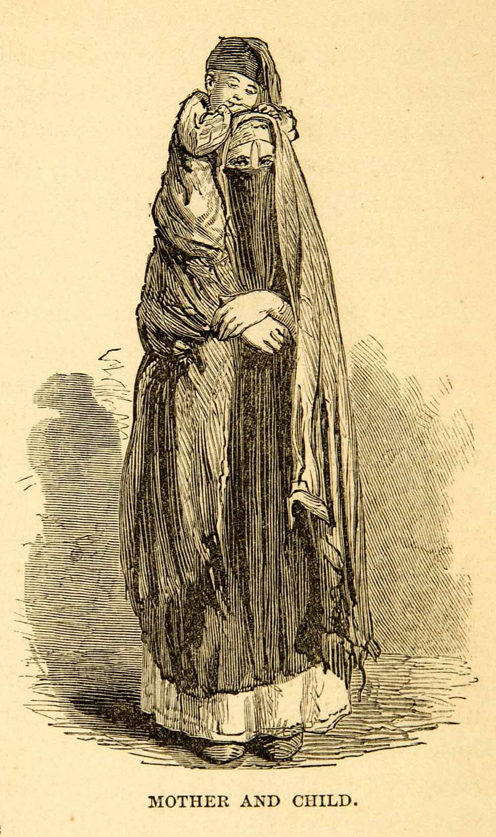 1869 Wood Engraving Egyptian Mother Child Veil Native Clothing Covered XGXC5