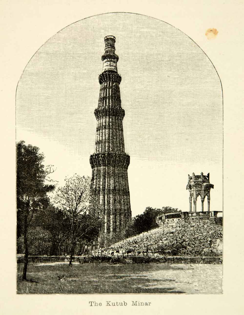 1887 Wood Engraving Qutub Minar Islam Monument UNESCO Delhi India XGXC6