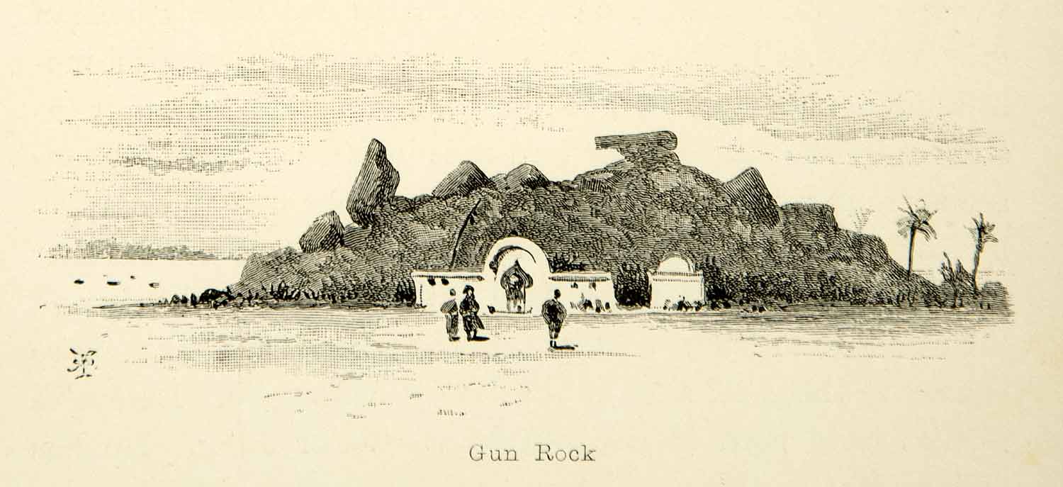 1887 Wood Engraving Gun Rock Canon Artillery India Asia Fort Ocean Island XGXC6