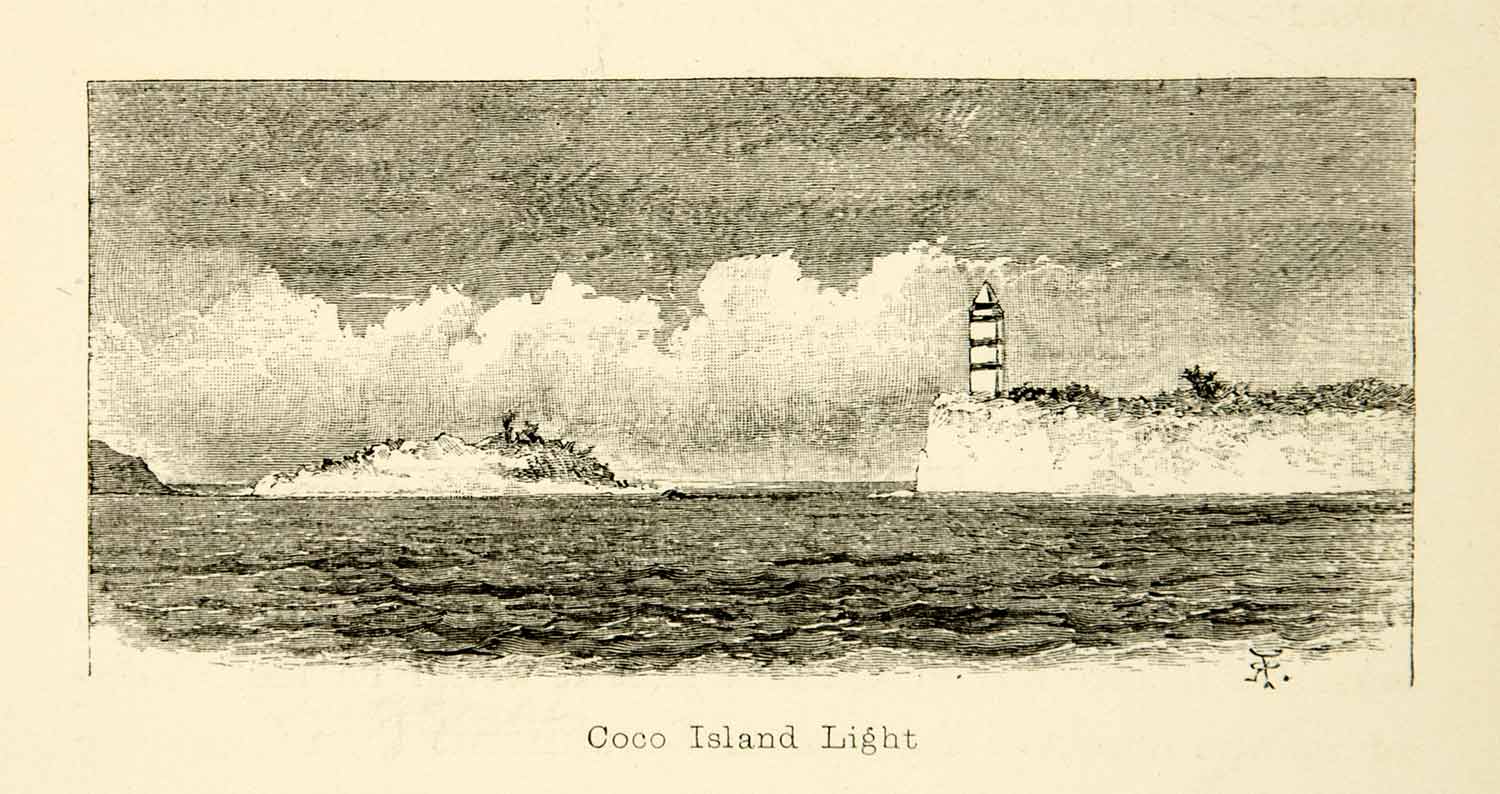 1887 Wood Engraving Coco Islands Yangon Burma Indian Ocean Lighthouse XGXC6